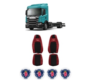 Set Huse Scaune Camion Tir SCANIA G II din 2017-2023, Auto, Model ELEGANCE Q, Culoare Rosu, 4x Stickere auto cu SCANIA