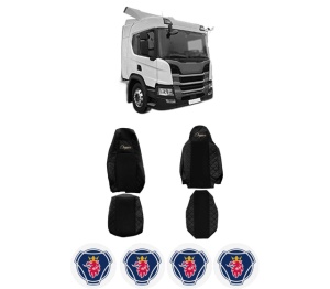 Set Huse Scaune Camion Tir SCANIA P II din 2017-2023, Auto, Model ELEGANCE Q, Culoare Negru, 4x Stickere auto cu SCANIA