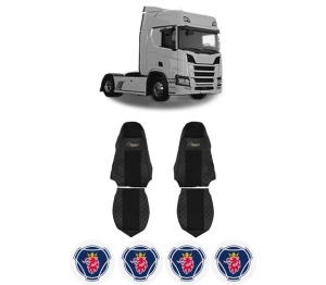 Set Huse Scaune Camion Tir SCANIA R II din 2016-2024, Auto, Model ELEGANCE Q, Culoare Negru, 4x Stickere auto cu SCANIA