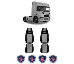 Set Huse Scaune Camion Tir SCANIA R II din 2016-2024, Auto, Model CLASSIC, Culoare Gri, 4x Stickere auto cu SCANIA