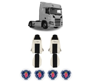 Set Huse Scaune Camion Tir SCANIA R II din 2016-2024, Auto, Model ELEGANCE Q, Culoare Bej, 4x Stickere auto cu SCANIA