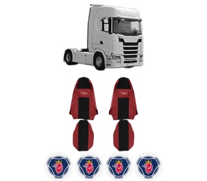 Set Huse Scaune Camion Tir SCANIA S din 2016-2023, Auto, Model ELEGANCE Q, Culoare Rosu, 4x Stickere auto cu SCANIA