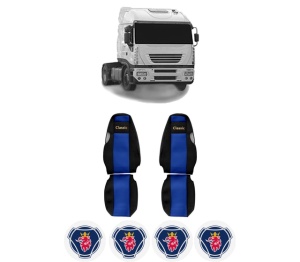 Set Huse Scaune Camion Tir SCANIA STRALIS I din 2002-2013, Auto, Model CLASSIC, Culoare Albastru, 4x Stickere auto cu SCANIA