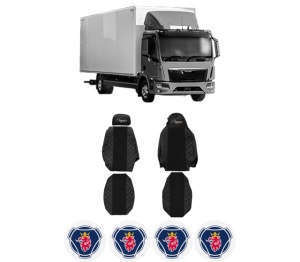Set Huse Scaune Camion Tir SCANIA TGL II din 2020, Auto, Model ELEGANCE Q, Culoare Negru, 4x Stickere auto cu SCANIA