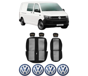 Set Huse Scaune Camion Tir VW TRANSPORTER T6 / CARAVELLE T6 Bus (SGB, SGJ, SHB, SHJ) din 2015-2024, Auto, Model CLASSIC, Culoare Rosu, 4x Stickere auto cu VW