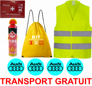 Set Kit siguranta auto cu saculet compact ce contine - Stingator spray 1kg, Trusa Medicala omolgata R.A.R, vesta reflectorizanta, stickere AUDI , compatibil cu orice autoturism accesorii pentru autoturismul tau - masina v68304