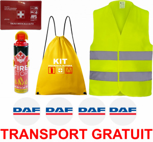 Set Kit siguranta auto cu saculet compact ce contine - Stingator spray 1kg, Trusa Medicala omolgata R.A.R, vesta reflectorizanta, stickere DAF , compatibil cu orice autoturism accesorii pentru autoturismul tau - masina v68284