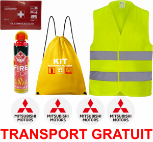 Set Kit siguranta auto cu saculet compact ce contine - Stingator spray 1kg, Trusa Medicala omolgata R.A.R, vesta reflectorizanta, stickere MITSUBISHI , compatibil cu orice autoturism accesorii pentru autoturismul tau - masina v68224