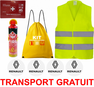 Set Kit siguranta auto cu saculet compact ce contine - Stingator spray 1kg, Trusa Medicala omolgata R.A.R, vesta reflectorizanta, stickere RENAULT , compatibil cu orice autoturism accesorii pentru autoturismul tau - masina v68204