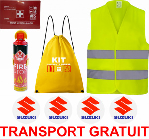 Set Kit siguranta auto cu saculet compact ce contine - Stingator spray 1kg, Trusa Medicala omolgata R.A.R, vesta reflectorizanta, stickere cadou SUZUKI , compatibil cu orice autoturism accesorii pentru autoturismul tau - masina v68184