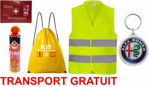 Set Kit siguranta auto cu saculet compact ce contine - Stingator spray 1kg, Trusa Medicala omolgata R.A.R, vesta reflectorizanta, Breloc cadou ALFA ROMEO , compatibil cu orice autoturism accesorii pentru autoturismul tau - masina v68164