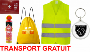 Set Kit siguranta auto cu saculet compact ce contine - Stingator spray 1kg, Trusa Medicala omolgata R.A.R, vesta reflectorizanta, Breloc cadou PEUGEOT , compatibil cu orice autoturism accesorii pentru autoturismul tau - masina v68064