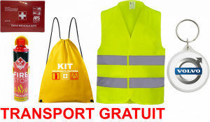 Set Kit siguranta auto cu saculet compact ce contine - Stingator spray 1kg, Trusa Medicala omolgata R.A.R, vesta reflectorizanta, Breloc cadou VOLVO , compatibil cu orice autoturism accesorii pentru autoturismul tau - masina v68024
