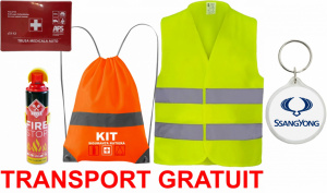 Set Kit siguranta auto cu saculet compact ce contine - Stingator spray 1kg, Trusa Medicala omolgata R.A.R, Vesta Reflectorizanta, Breloc Cadou SSANGYONG, compatibil cu orice autoturism. accesorii pentru autoturismul tau - masina v67425