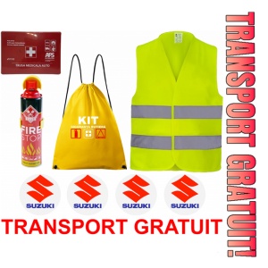Set Kit siguranta auto cu saculet compact ce contine - Stingator spray 1kg, Trusa Medicala omolgata R.A.R, vesta reflectorizanta, stickere cadou SUZUKI , compatibil cu orice autoturism