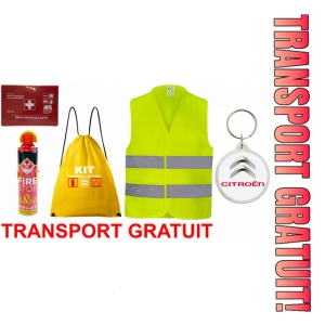 Set Kit siguranta auto cu saculet compact ce contine - Stingator spray 1kg, Trusa Medicala omolgata R.A.R, vesta reflectorizanta, Breloc cadou CITROEN , compatibil cu orice autoturism