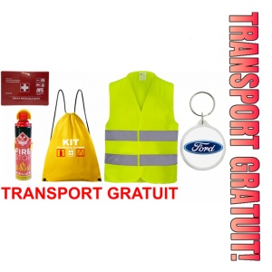 Set Kit siguranta auto cu saculet compact ce contine - Stingator spray 1kg, Trusa Medicala omolgata R.A.R, vesta reflectorizanta, Breloc cadou FORD , compatibil cu orice autoturism