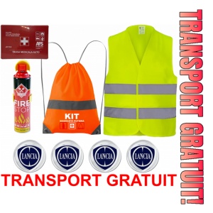Set Kit siguranta auto cu saculet compact ce contine - Stingator spray 1kg, Trusa Medicala omolgata R.A.R, Vesta Reflectorizanta, Stickere Cadou LANCIA, compatibil cu orice autoturism - Img 1