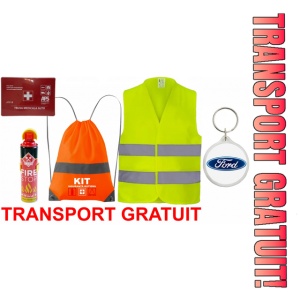 Set Kit siguranta auto cu saculet compact ce contine - Stingator spray 1kg, Trusa Medicala omolgata R.A.R, Vesta Reflectorizanta, Breloc Cadou FORD, compatibil cu orice autoturism.
