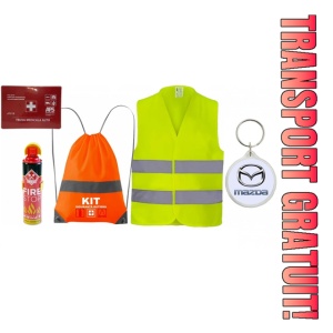Set Kit siguranta auto cu saculet compact ce contine - Stingator spray 1kg, Trusa Medicala omolgata R.A.R, Vesta Reflectorizanta, Breloc Cadou MAZDA, compatibil cu orice autoturism.
