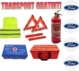 Set Kit siguranta auto omologat R.A.R, Stingator cu manometru 1kg P1 , Trusa Medicala, 2 Triunghiuri Reflectorizante, geanta color - albastra + Stickere Cadou FORD- kit compatibil cu orice autoturism