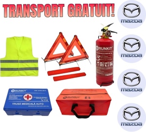 Set Kit siguranta auto omologat R.A.R, Stingator cu manometru 1kg P1 , Trusa Medicala, 2 Triunghiuri Reflectorizante, geanta color - albastra + Stickere Cadou MAZDA- kit compatibil cu orice autoturism