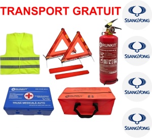 Set Kit siguranta auto omologat R.A.R, Stingator cu manometru 1kg P1 , Trusa Medicala, 2 Triunghiuri Reflectorizante, geanta color - albastra + Stickere Cadou SSANGYONG- kit compatibil cu orice autoturism