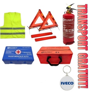 Set Kit siguranta auto omologat R.A.R, Stingator cu manometru 1kg P1 , Trusa Medicala, 2 Triunghiuri Reflectorizante, geanta color - albastra + Breloc Cadou IVECO- kit compatibil cu orice autoturism