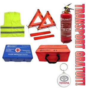 Set Kit siguranta auto omologat R.A.R, Stingator cu manometru 1kg P1 , Trusa Medicala, 2 Triunghiuri Reflectorizante, geanta color - albastra + Breloc Cadou TOYOTA- kit compatibil cu orice autoturism