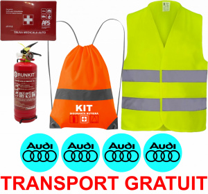Set Kit siguranta auto OMOLOGAT RAR cu saculet compact ce contine - Stingator cu manometru P1 1kg, Trusa Medicala , Vesta Reflectorizanta, Stickere Cadou AUDI . Compatibilitate cu orice autoturism accesorii pentru autoturismul tau - masina v67365