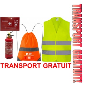 Set Kit siguranta auto OMOLOGAT RAR cu saculet compact ce contine - Stingator cu manometru P1 1kg, Trusa Medicala , vesta reflectorizanta. Compatibil cu orice autoturism