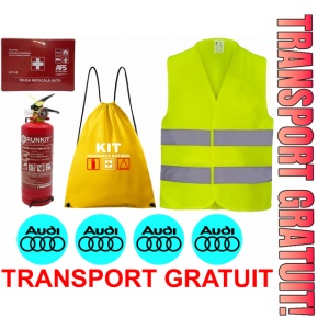 Set Kit siguranta auto OMOLOGAT RAR cu saculet compact ce contine - Stingator cu manometru P1 1kg, Trusa Medicala , Vesta Reflectorizanta, Stickere Cadou AUDI. Compatibil cu orice autoturism.