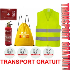 Set Kit siguranta auto OMOLOGAT RAR cu saculet compact ce contine - Stingator cu manometru P1 1kg, Trusa Medicala , Vesta Reflectorizanta, Stickere Cadou HONDA. Compatibil cu orice autoturism.