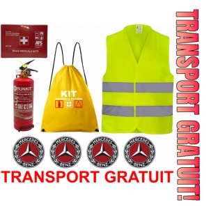 Set Kit siguranta auto OMOLOGAT RAR cu saculet compact ce contine - Stingator cu manometru P1 1kg, Trusa Medicala , Vesta Reflectorizanta, Stickere Cadou MERCEDES. Compatibil cu orice autoturism.