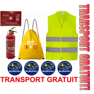 Set Kit siguranta auto OMOLOGAT RAR cu saculet compact ce contine - Stingator cu manometru P1 1kg, Trusa Medicala , Vesta Reflectorizanta, Stickere Cadou Subaru. Compatibil cu orice autoturism.
