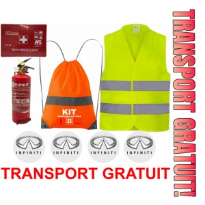 Set Kit siguranta auto OMOLOGAT RAR cu saculet compact ce contine - Stingator cu manometru P1 1kg, Trusa Medicala , Vesta Reflectorizanta, Stickere Cadou INFINITI. Compatibilitate cu orice autoturism