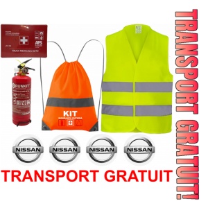 Set Kit siguranta auto OMOLOGAT RAR cu saculet compact ce contine - Stingator cu manometru P1 1kg, Trusa Medicala , Vesta Reflectorizanta, Stickere Cadou NISSAN. Compatibilitate cu orice autoturism