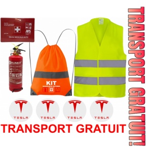 Set Kit siguranta auto OMOLOGAT RAR cu saculet compact ce contine - Stingator cu manometru P1 1kg, Trusa Medicala , Vesta Reflectorizanta, Stickere Cadou TESLA. Compatibilitate cu orice autoturism