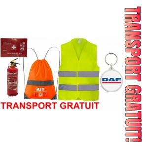 Set Kit siguranta auto OMOLOGAT RAR cu saculet compact ce contine - Stingator cu manometru P1 1kg, Trusa Medicala , Vesta Reflectorizanta, Breloc Cadou DAF. Compatibilitate cu orice autoturism