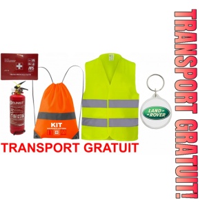 Set Kit siguranta auto OMOLOGAT RAR cu saculet compact ce contine - Stingator cu manometru P1 1kg, Trusa Medicala , Vesta Reflectorizanta, Breloc Cadou Land Rover. Compatibilitate cu orice autoturism