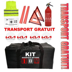 Set Kit - Trusa siguranta auto omologat R.A.R, Stingator cu manometru 1kg P1 , Trusa Medicala, 2 Triunghiuri Reflectorizante , 4 stickere autoadezive KIA