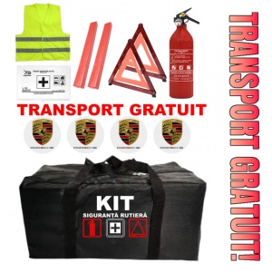Set Kit - Trusa siguranta auto omologat R.A.R, Stingator cu manometru 1kg P1 , Trusa Medicala, 2 Triunghiuri Reflectorizante , 4 stickere autoadezive Porsche