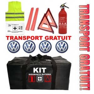 Set Kit - Trusa siguranta auto omologat R.A.R, Stingator cu manometru 1kg P1 , Trusa Medicala, 2 Triunghiuri Reflectorizante , 4 stickere autoadezive Volkswagen
