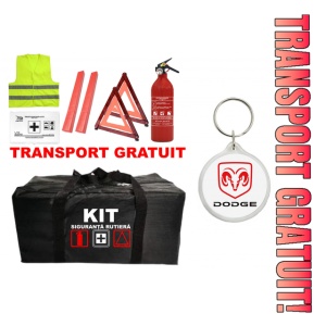 Set Kit - Trusa siguranta auto omologat R.A.R, Stingator cu manometru 1kg P1 , Trusa Medicala, 2 Triunghiuri Reflectorizante , 1 Breloc DODGE