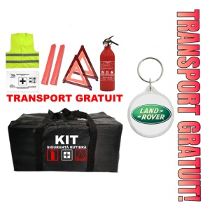 Set Kit - Trusa siguranta auto omologat R.A.R, Stingator cu manometru 1kg P1 , Trusa Medicala, 2 Triunghiuri Reflectorizante , 1 Breloc LANDROVER