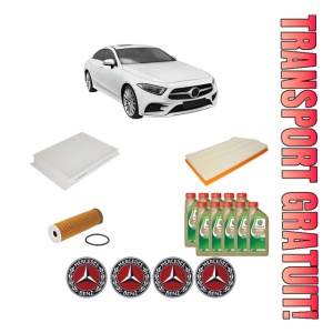 Set Pachet filtre revizie Bosch, 10 litrii ulei Castrol 0W20 MERCEDES-BENZ CLS (C257) CLS 450 EQ Boost 4-matic (257.359) din 2017, 4x Stickere auto cu MERCEDES-BENZ