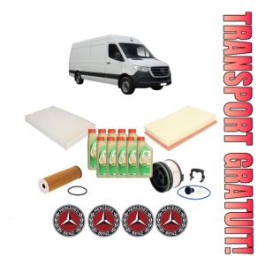 Set Pachet filtre revizie Bosch, 10 litrii ulei Castrol 5W30 MERCEDES-BENZ SPRINTER 4-t Van (B907, B910) 417 CDI RWD (907.641, 907.643, 907.645, 907.647) din 2020, 4x Stickere auto cu MERCEDES-BENZ