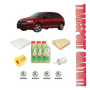 Set Pachet filtre revizie Bosch, 3 litrii ulei Castrol 5W30 SKODA RAPID Spaceback (NH1) 1.2 din 2012-2015, 4x Stickere auto cu SKODA