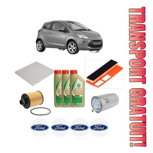 Set Pachet filtre revizie Bosch, 3 litrii ulei Castrol 5W40 FORD KA (RU8) 1.3 TDCi din 2008-2016, 4x Stickere auto cu FORD