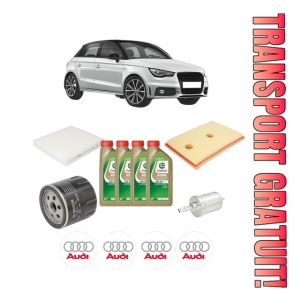 Set Pachet filtre revizie Bosch, 4 litrii ulei Castrol 0W20 AUDI A1 Sportback (8XA, 8XF) 1.4 TSI din 2014-2018, 4x Stickere auto cu AUDI